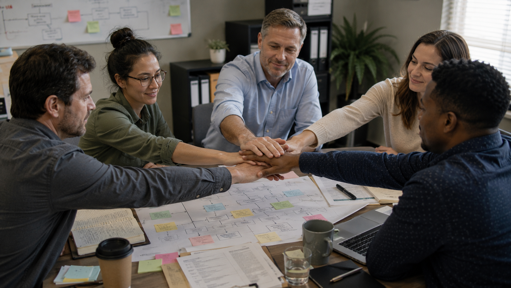 Team collaborating around a workflow map during an AI strategy workshop