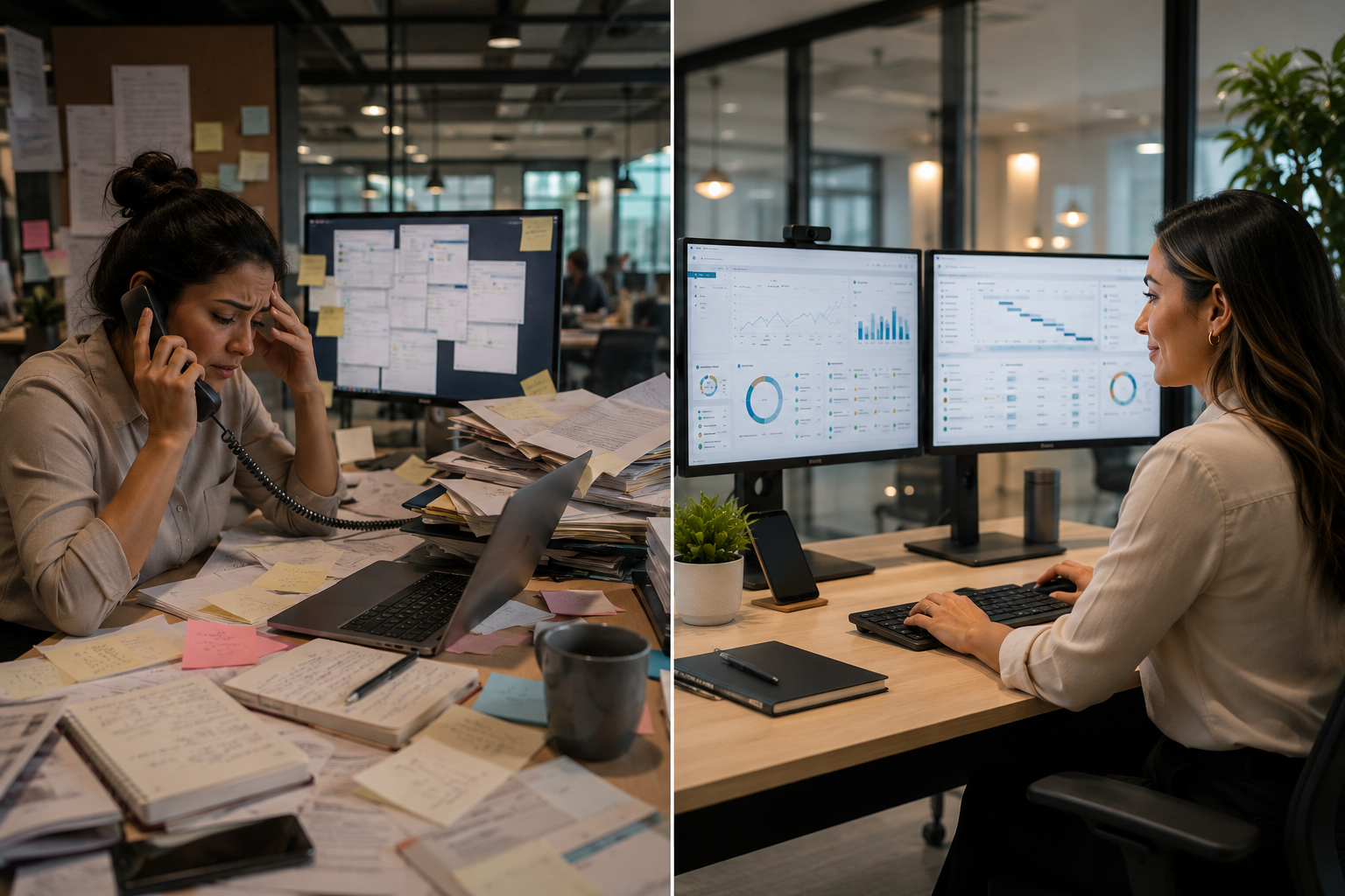 Before and after view of messy operations becoming organized dashboard work