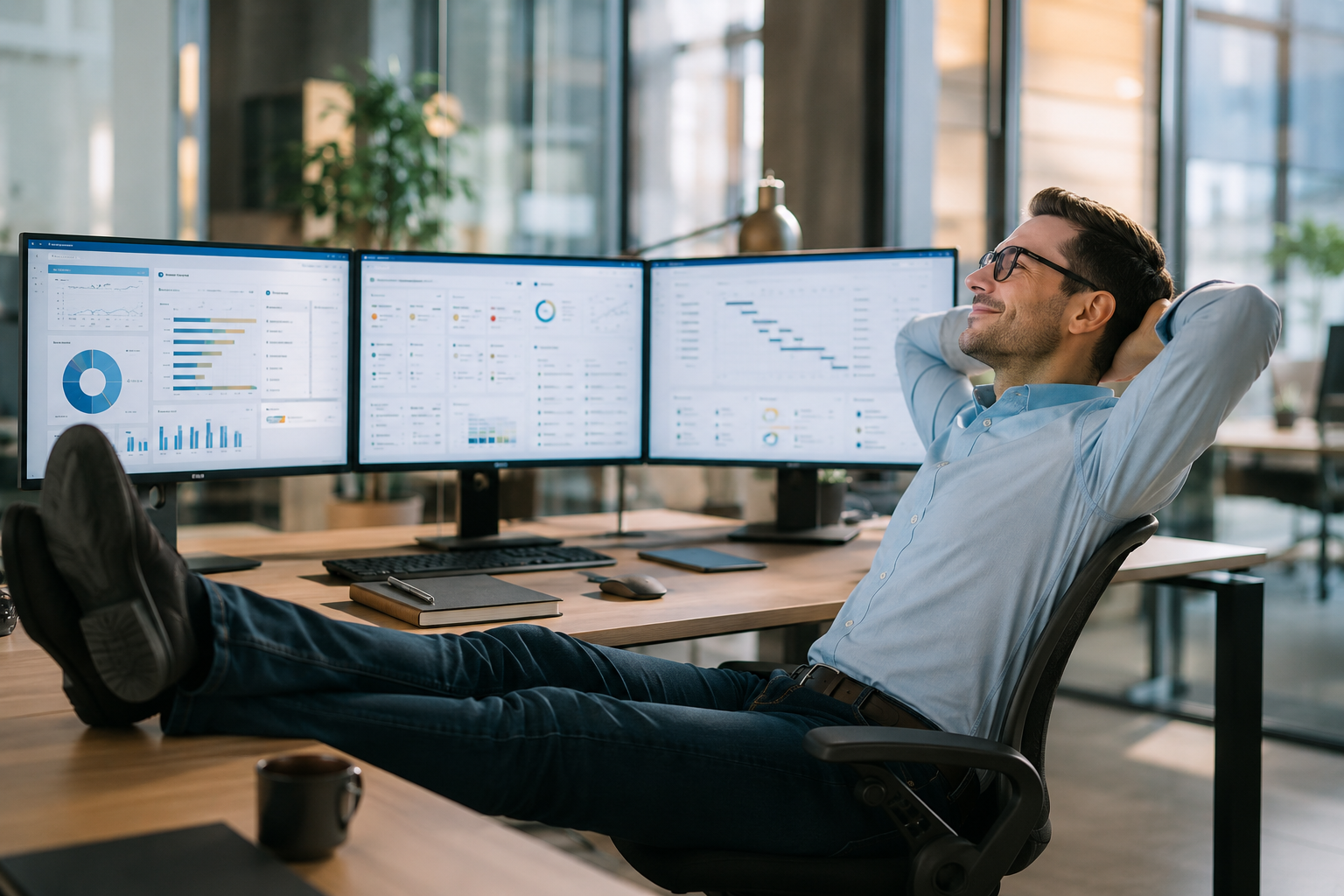 Business operator reviewing dashboard screens after operational work is organized