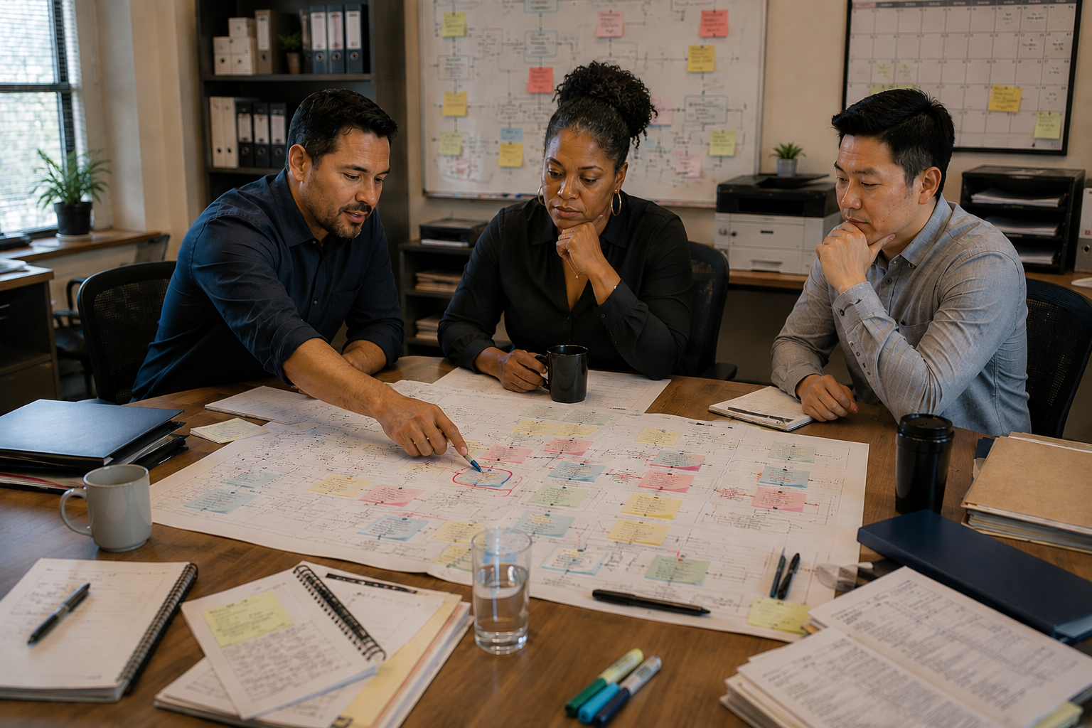 Team collaborating around a workflow map during a discovery and direction workshop