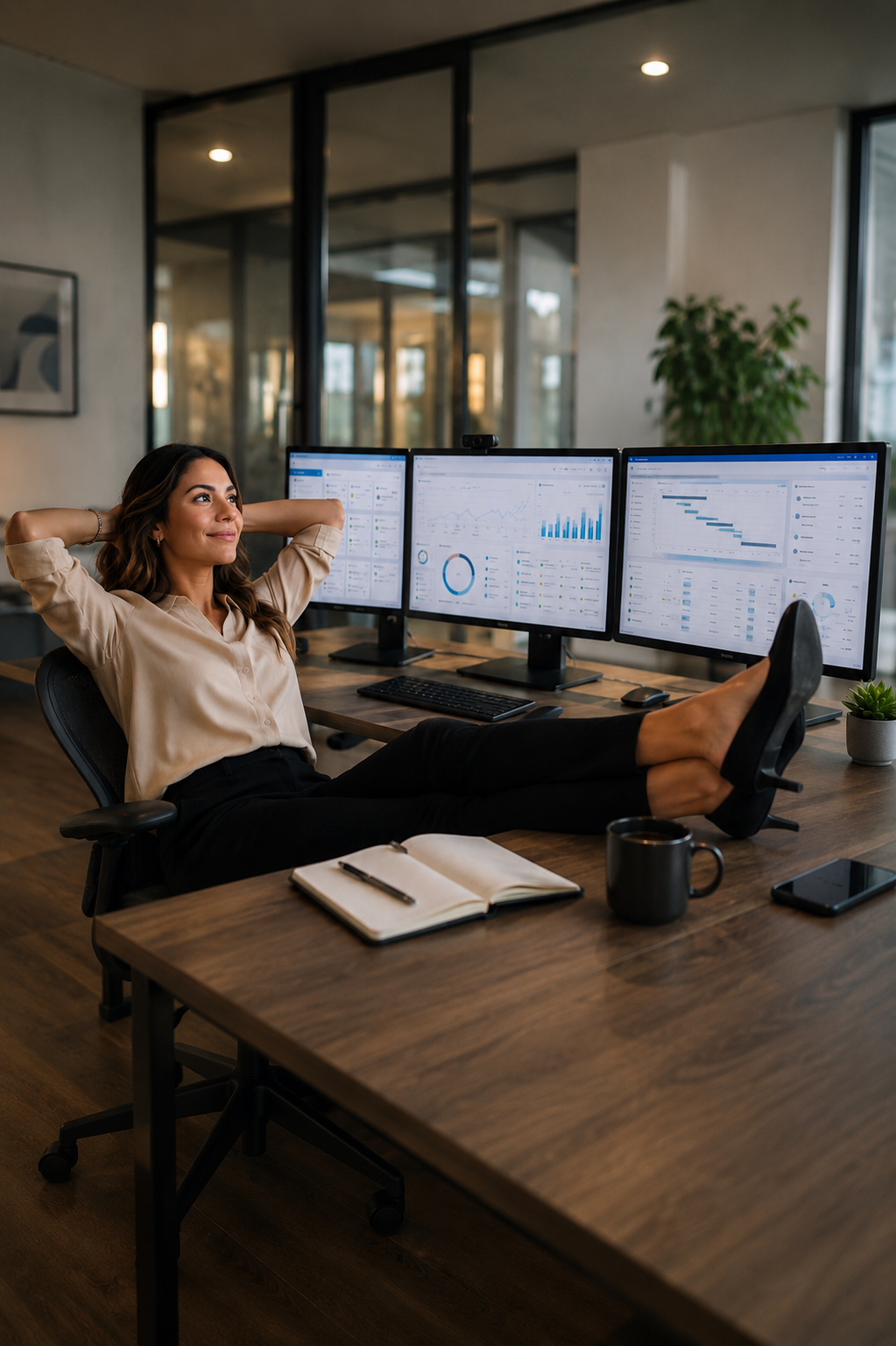 Business professional leaning back at a desk with dashboard screens open in a modern office