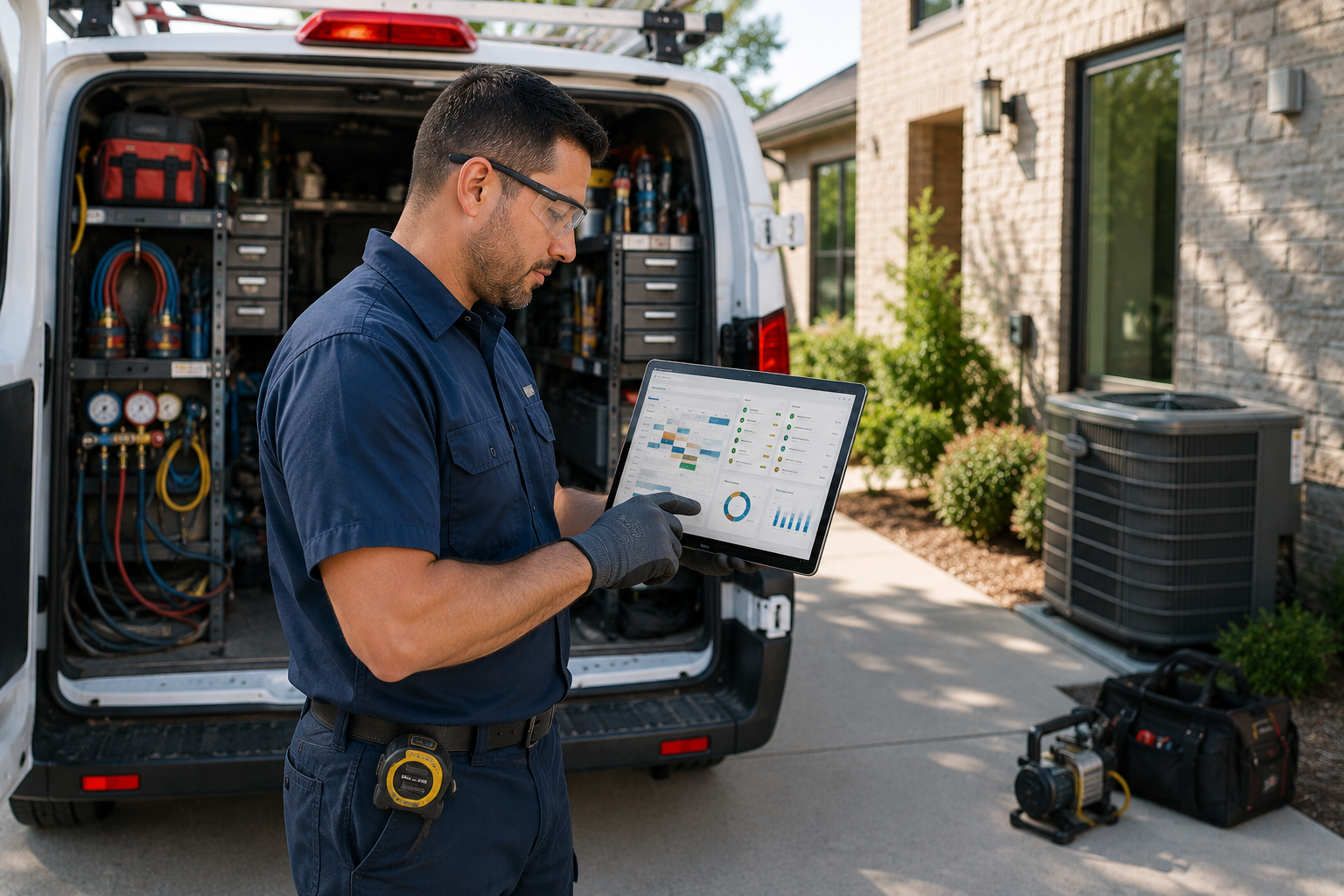 Home services technician reviewing scheduling and performance dashboards in the field