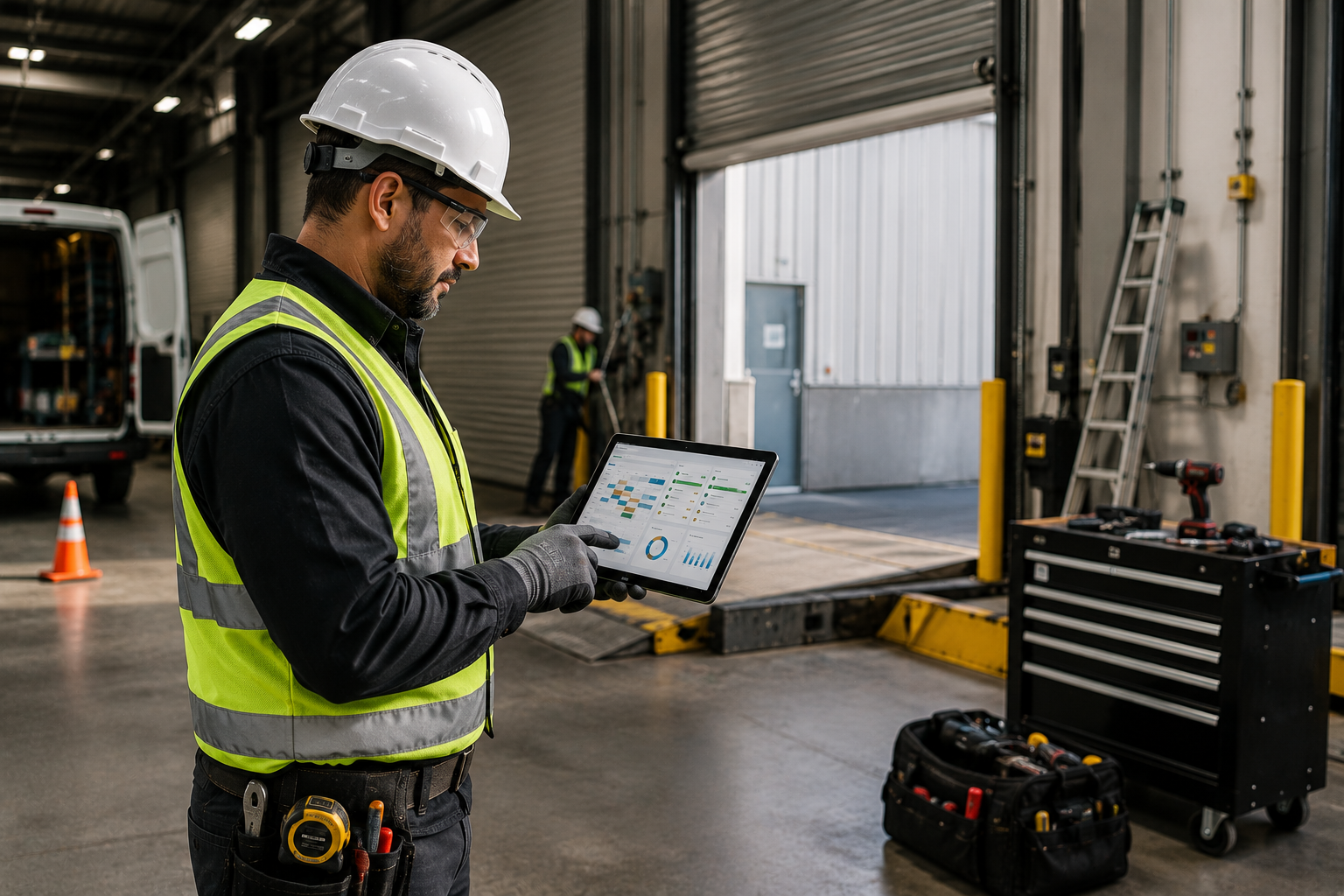 Industrial service technician reviewing operational dashboards on a tablet