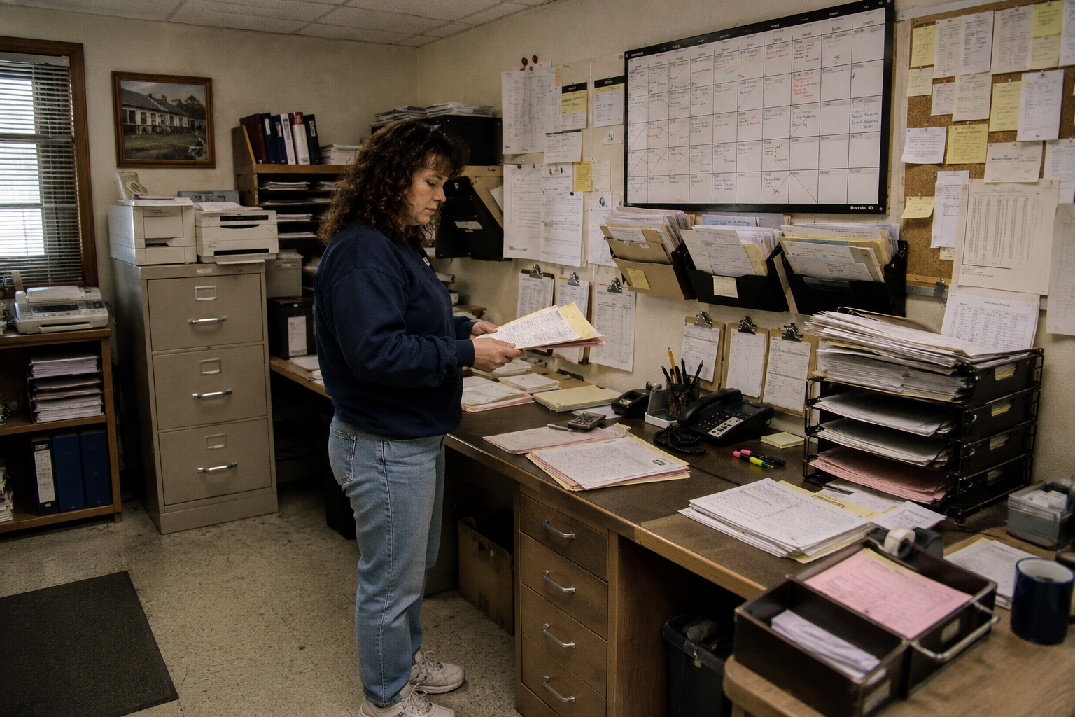 Person reviewing paper files in a cluttered office while manual work piles up