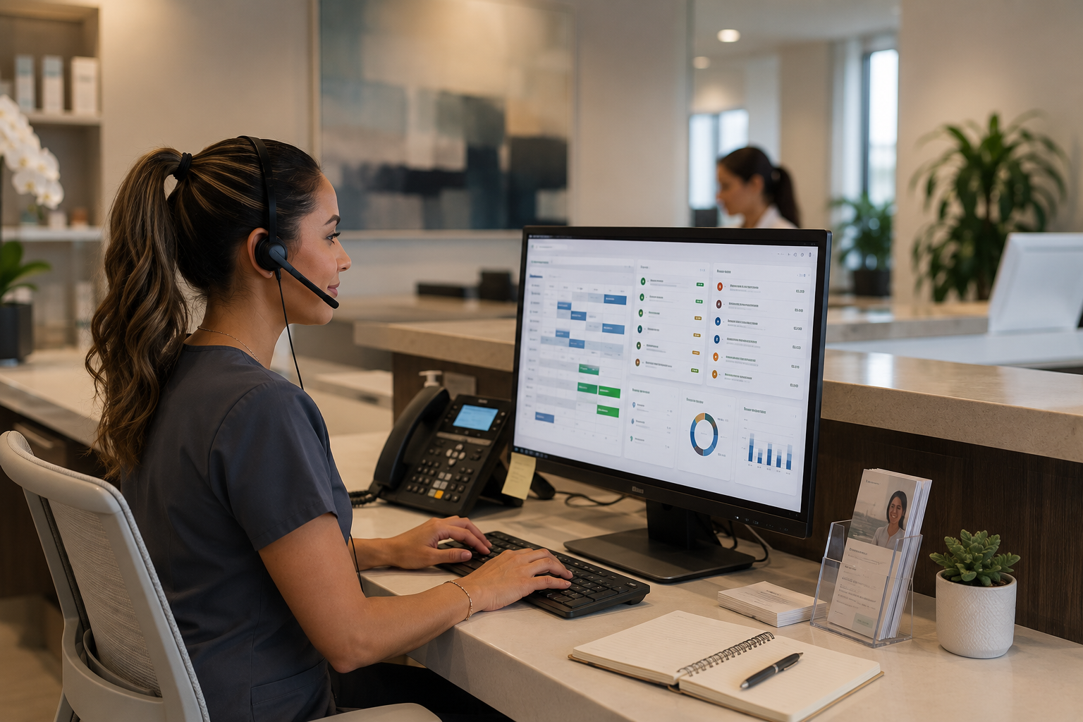 Medical front desk team member using intake and scheduling dashboards