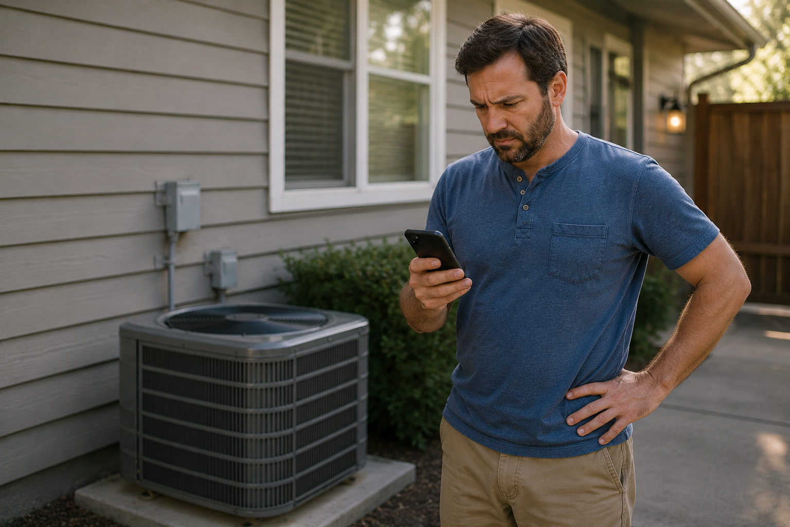 Home service professional checking a phone beside an outdoor HVAC unit after a missed call