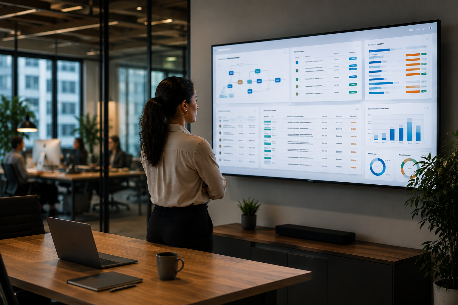 Operations leader reviewing business dashboards on a wall display