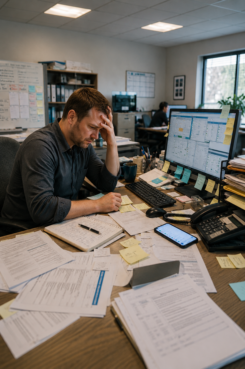 Operations worker overwhelmed by paper work and dashboards at a cluttered desk