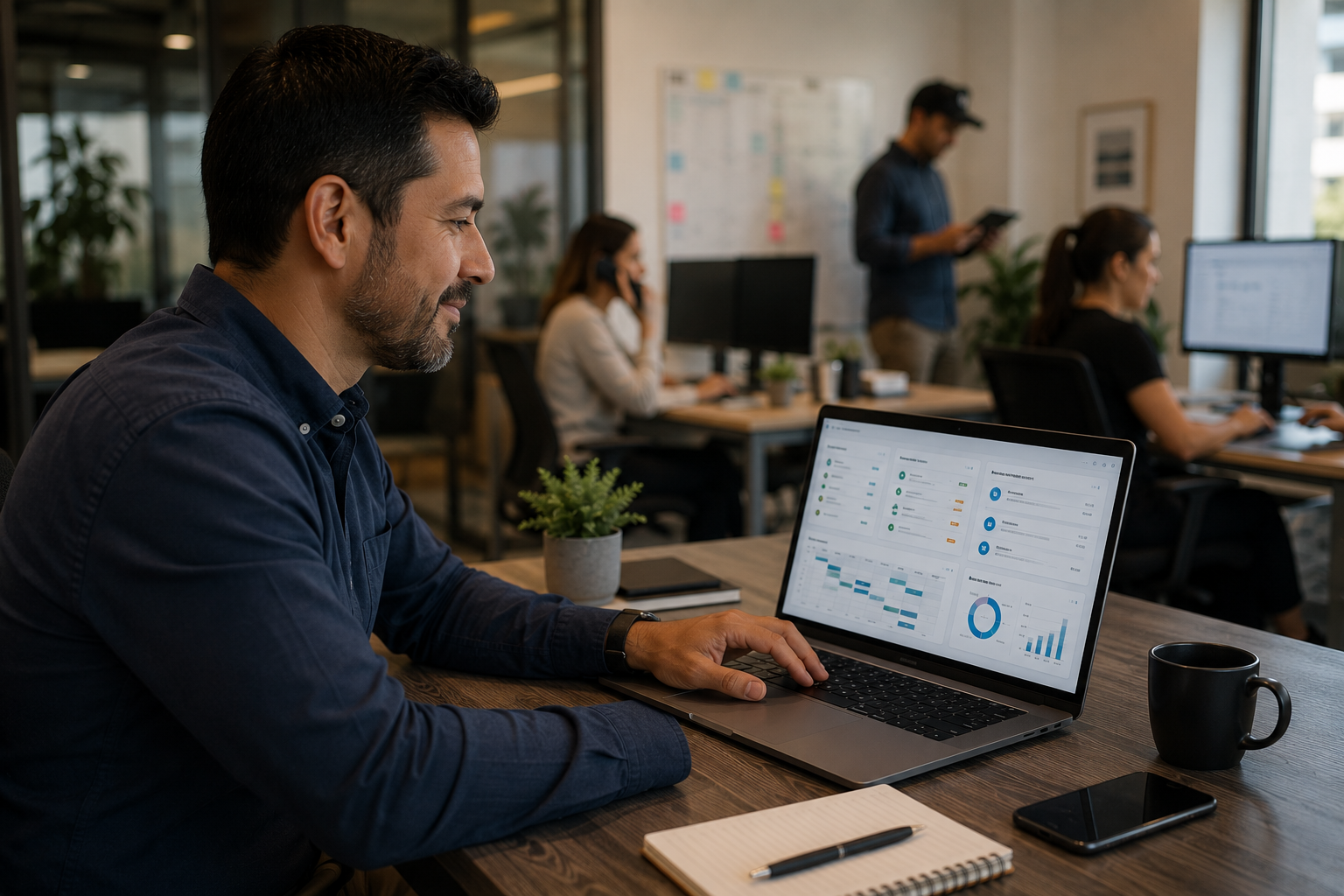 Professional services operator reviewing workflow dashboards on a laptop