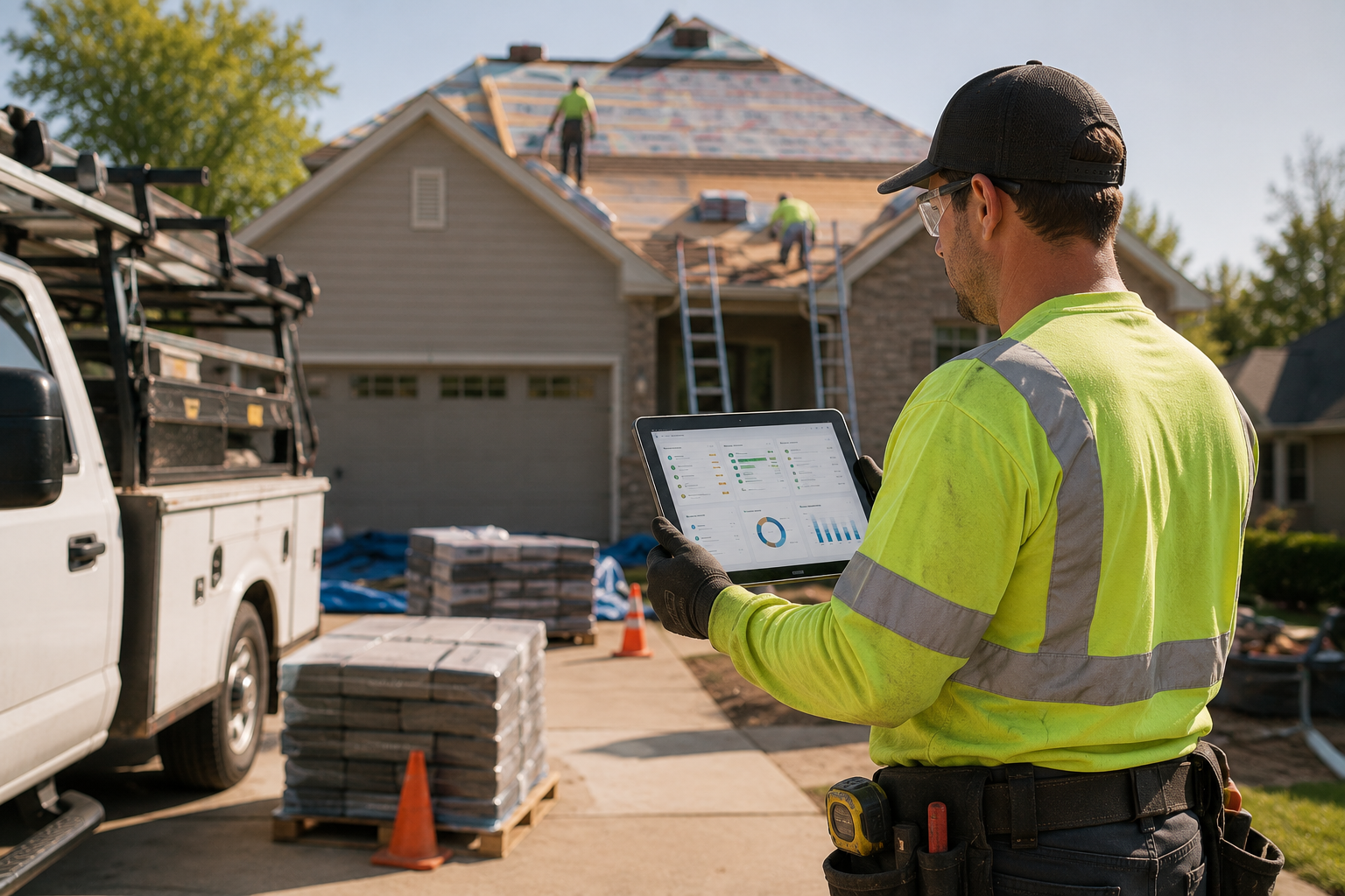 Roofing crew lead reviewing project and operations data on a tablet at a job site