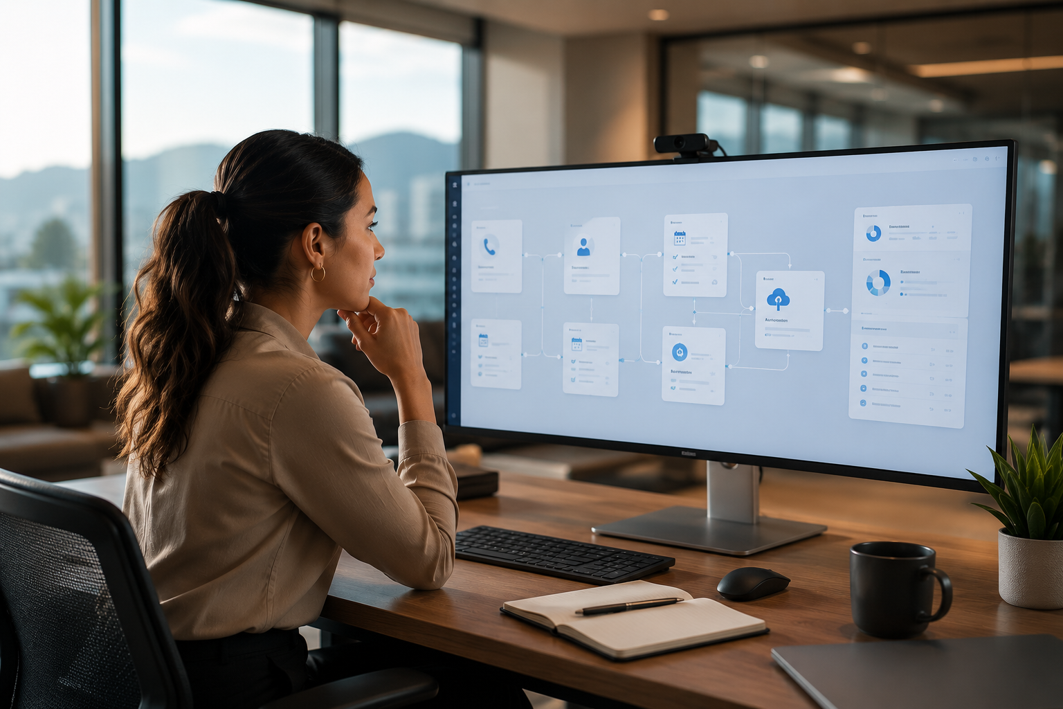 Operator reviewing a workflow automation map on a large monitor